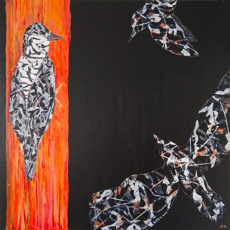 Acrylic by Tina Alberni bringing awareness to the plight of the Red Cockaded WoodPecker, an endangered bird inhabiting 11 Southern States with dissappearing habitats.