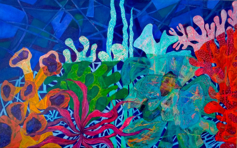 Acrylic by Tina Alberni bringing awareness about the plight of coral reefs.
