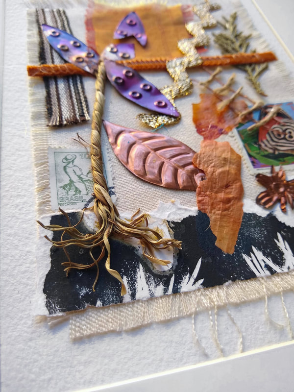 Composition VII
Copper, acrylic, ink, fabric, dried leave & found objects
Framed, 9x12
This particular collage empathizes with the loss of nature, a favorite tree and important landscape.
by Tina Alberni    ©2020 Color by Design Studio
